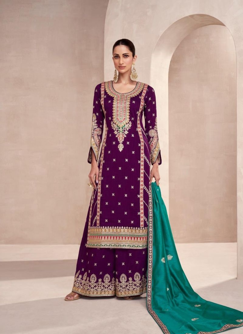 Stunning straight palazzo suit with embroidered dupatta in purple