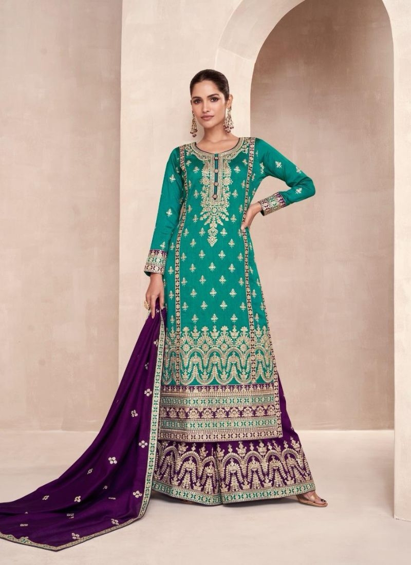 Stunning straight palazzo suit with embroidered dupatta in green