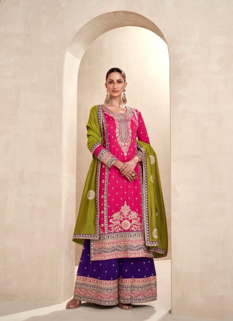 Stunning straight palazzo suit with embroidered dupatta in pink