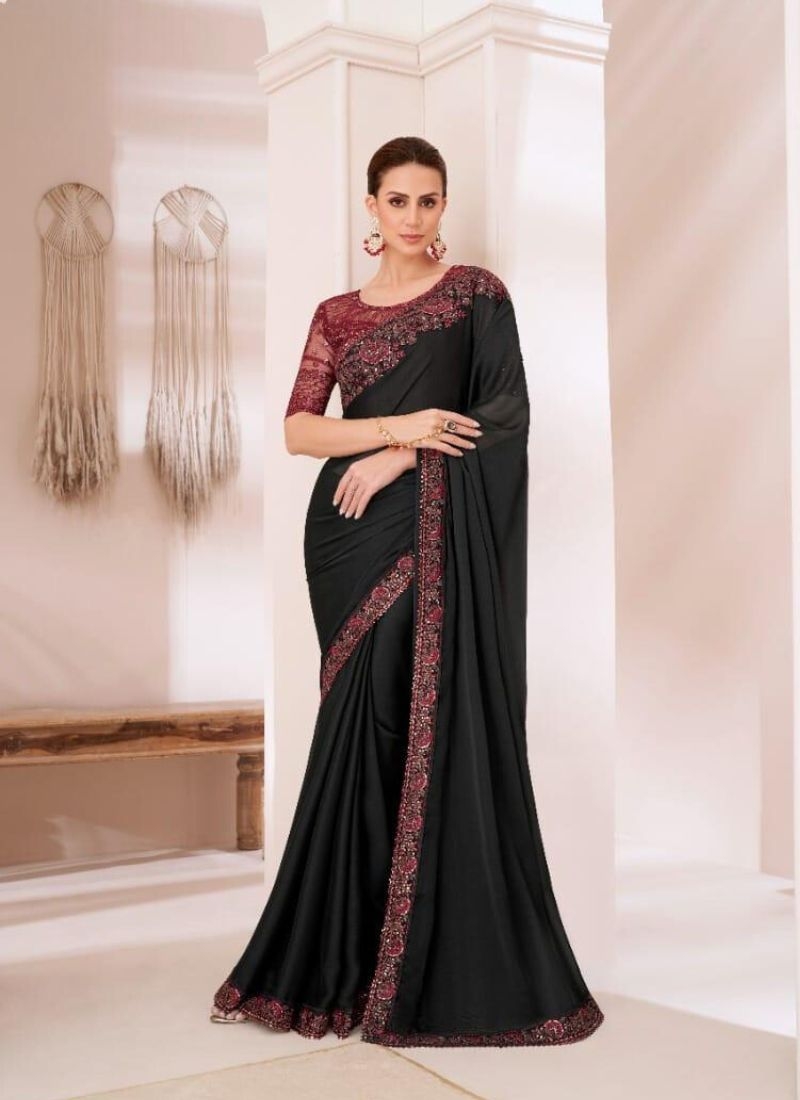 Designer silk saree with embroidered blouse in black