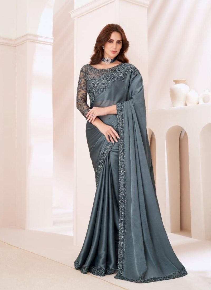 Designer silk saree with embroidered blouse in grey