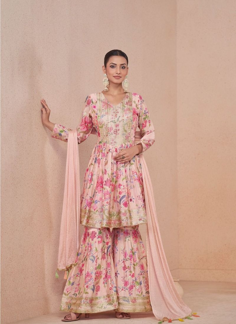 Designer sharara suit with floral printing in pink
