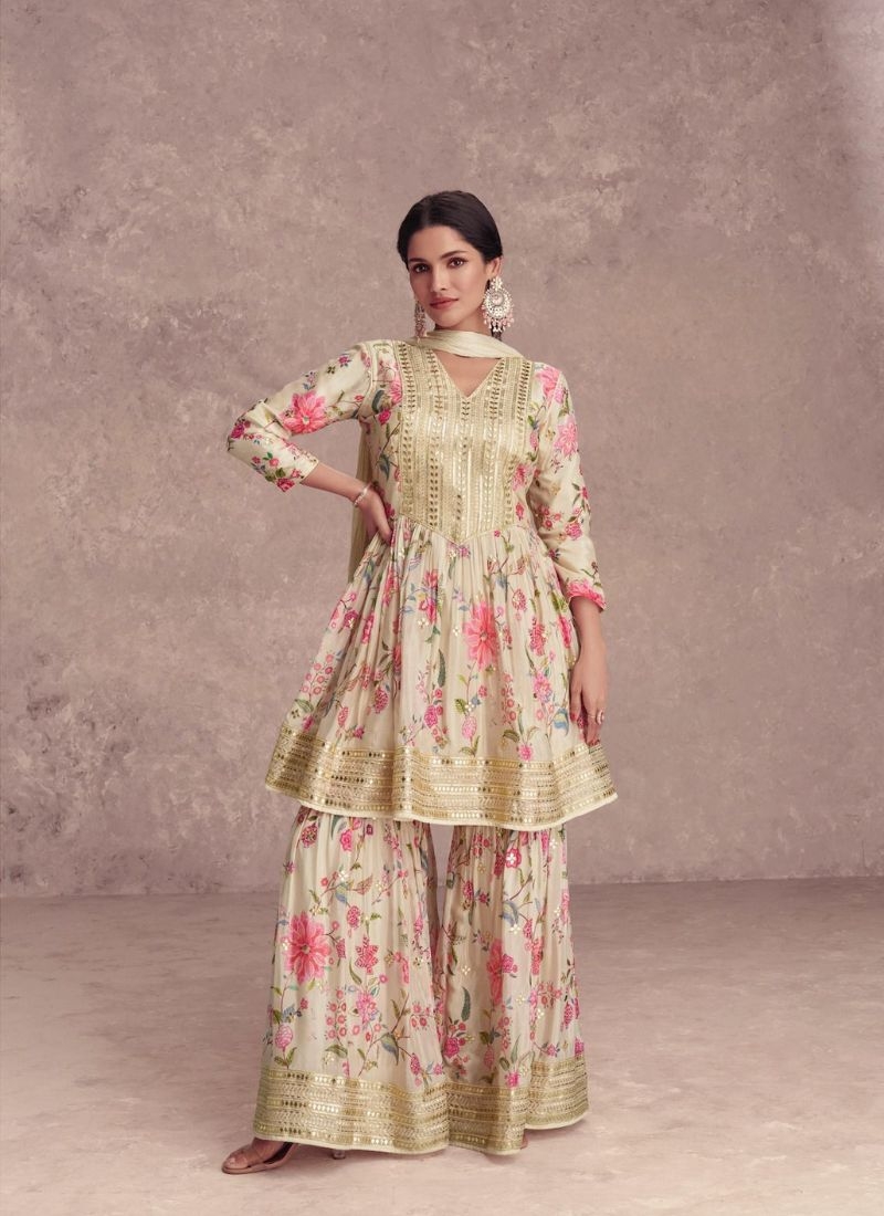 Designer sharara suit with floral printing in beige