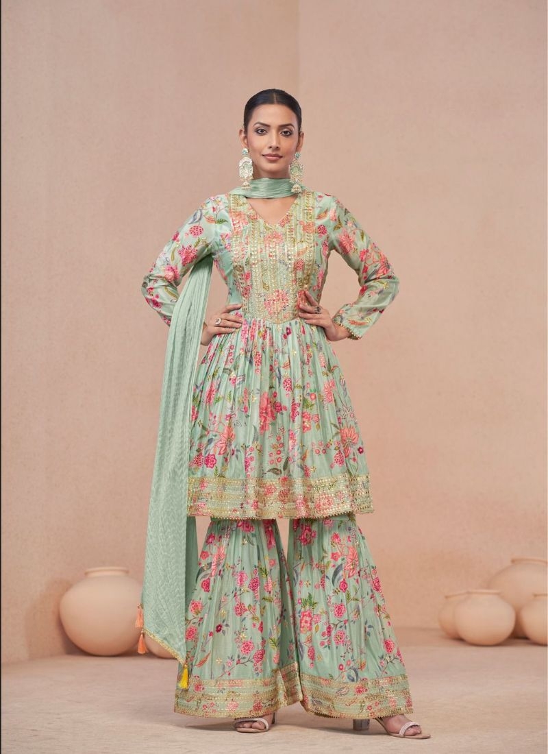 Designer sharara suit with floral printing in green