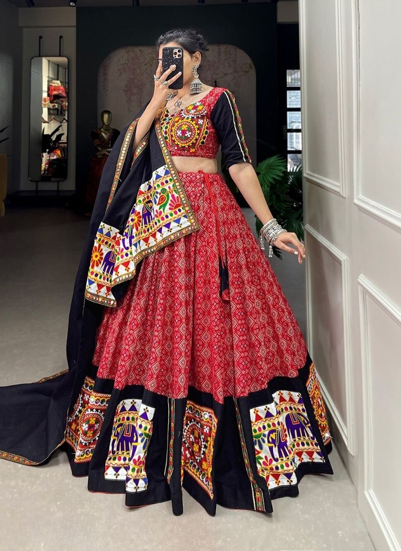 Navratri special lehenga with mirror work embroidery in red