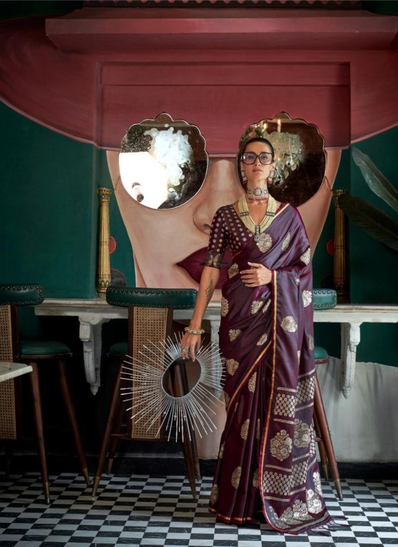 Exquisite satin silk saree with brocade blouse in dark purple