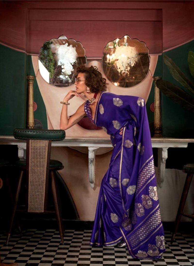 Exquisite satin silk saree with brocade blouse in violet