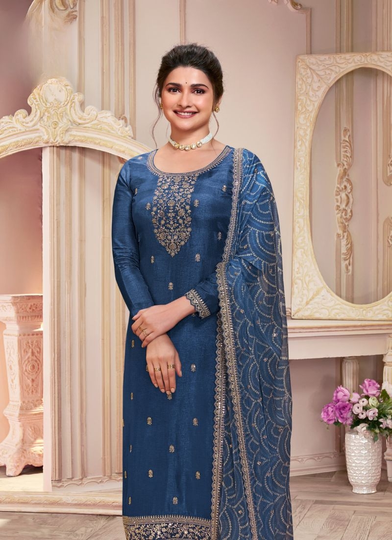 Beautiful pantsuit with printed chinon dupatta in navy blue