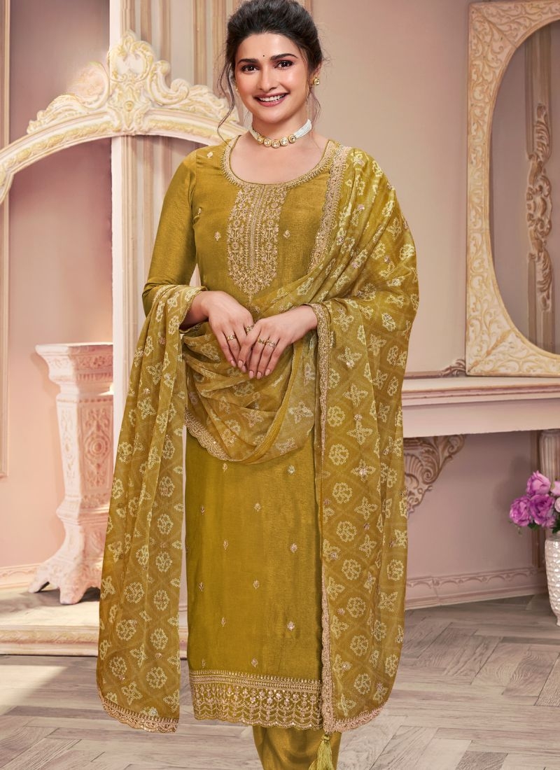 Beautiful pantsuit with printed chinon dupatta in yellow