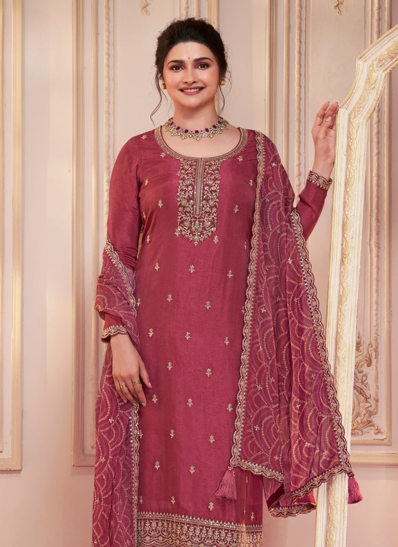 Beautiful pantsuit with printed chinon dupatta in red