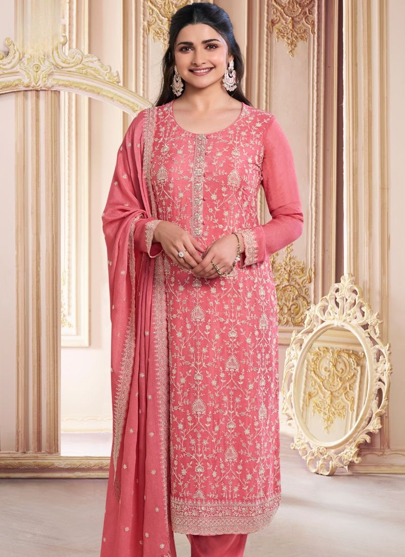 Amazing chinon pantsuit with embroidered dupatta in pink