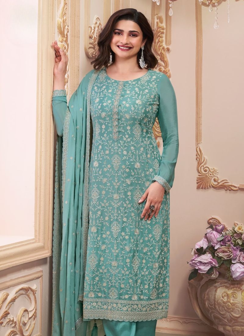 Amazing chinon pantsuit with embroidered dupatta in green