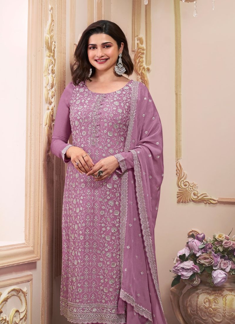 Amazing chinon pantsuit with embroidered dupatta in purple