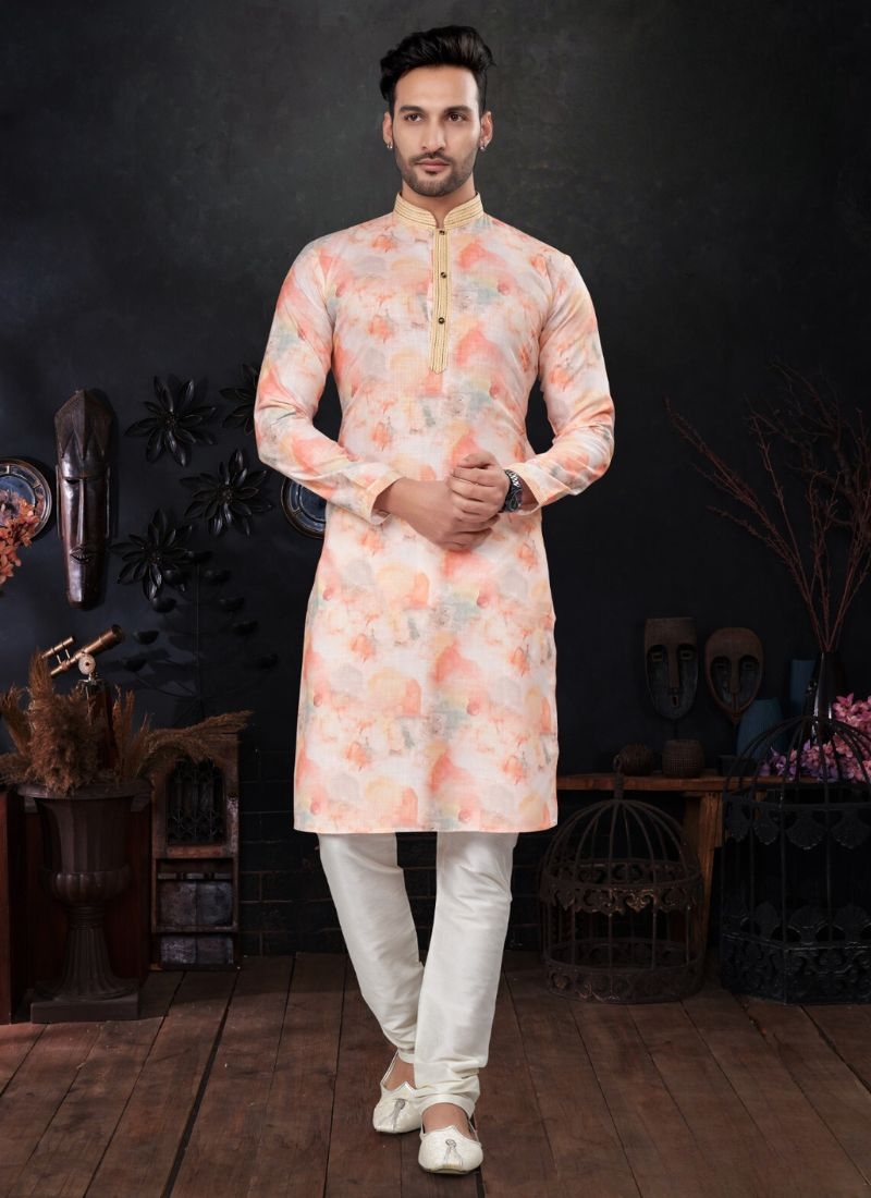 New cotton Kurta pajama with floral printing in peach