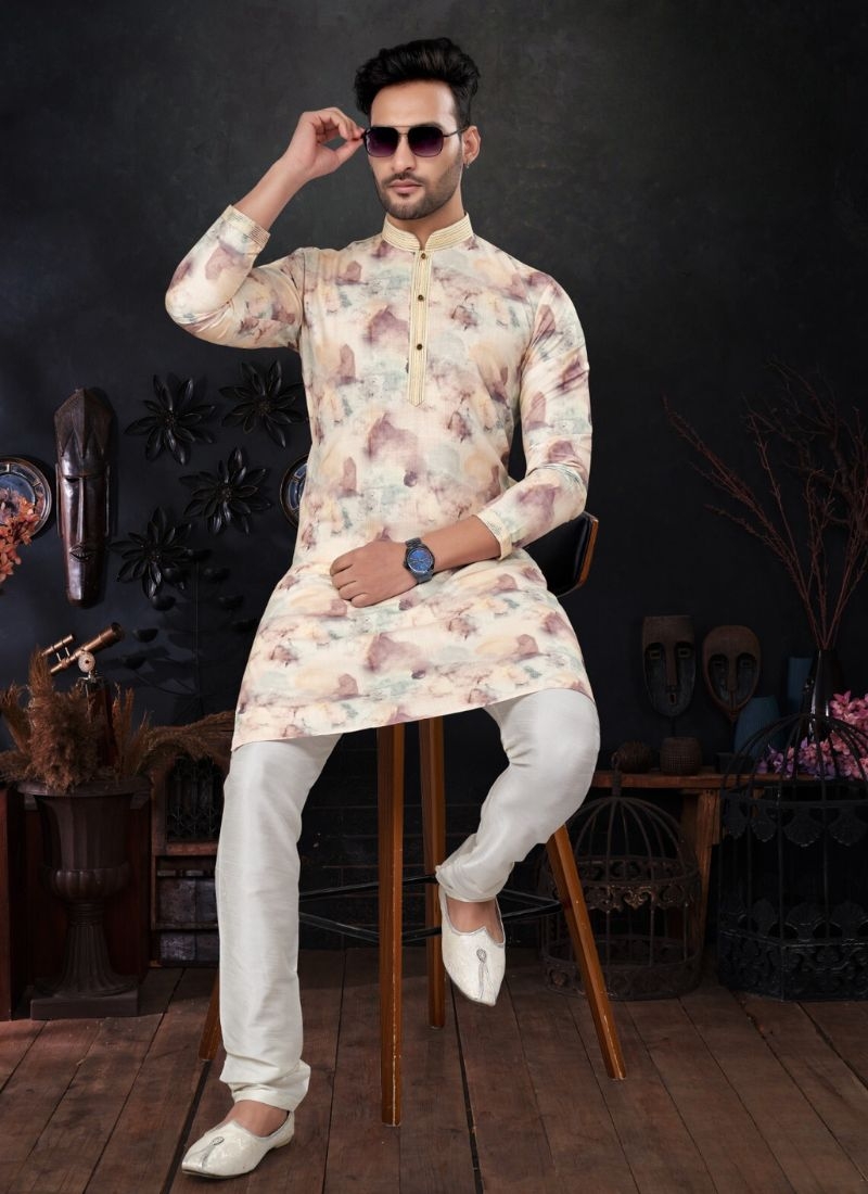 New cotton Kurta pajama with floral printing in cream