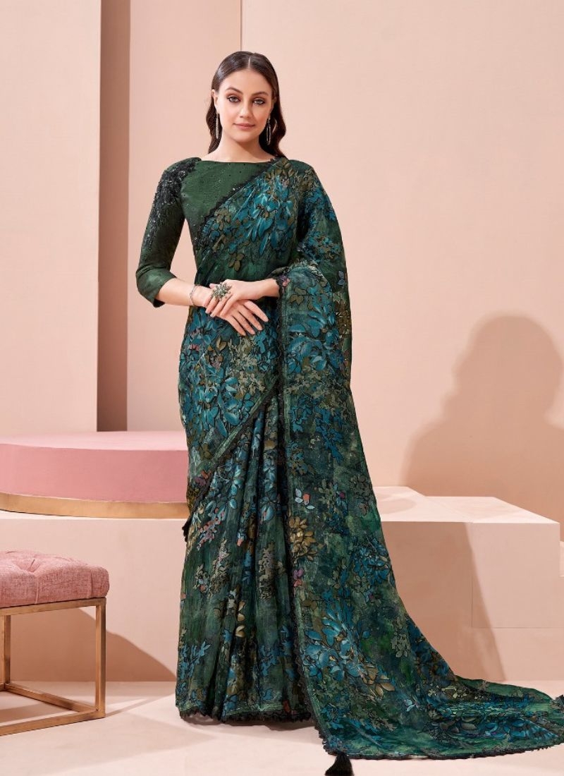 Exquisite wedding saree with embroidered blouse in green