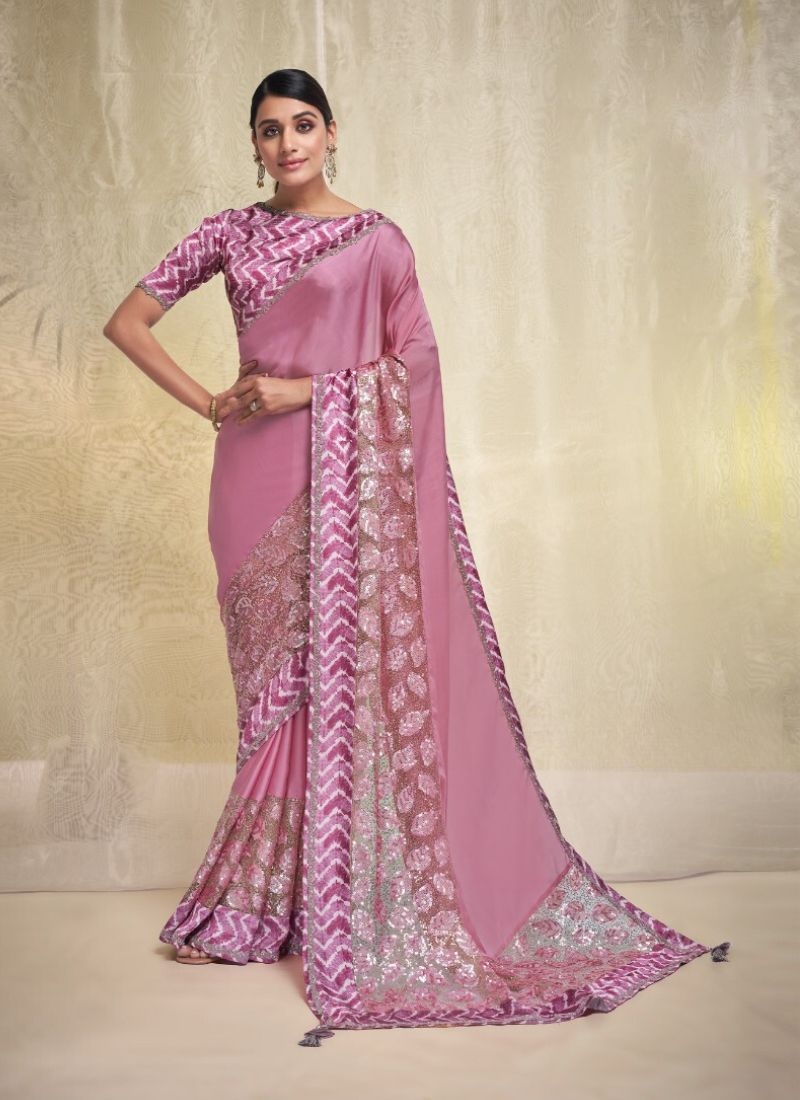 Exquisite wedding saree with embroidered blouse in pink