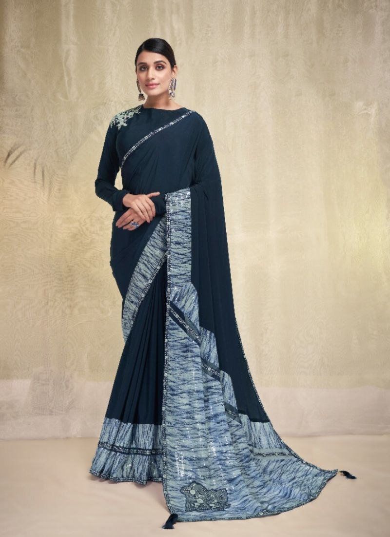 Exquisite wedding saree with embroidered blouse in dark blue