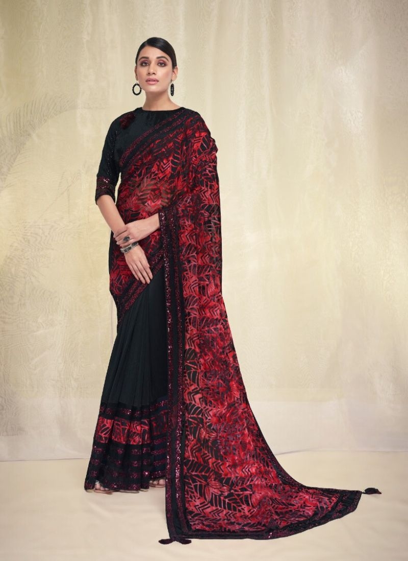Exquisite wedding saree with embroidered blouse in red