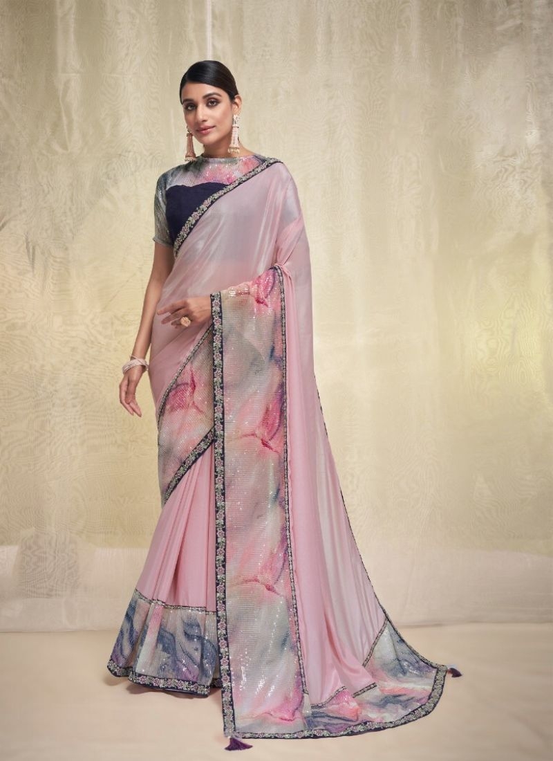 Exquisite wedding saree with embroidered blouse in light pink