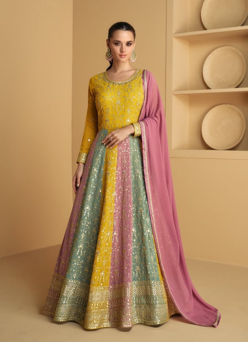 Stunning georgette anarkali suit with embroidered dupatta in yellow