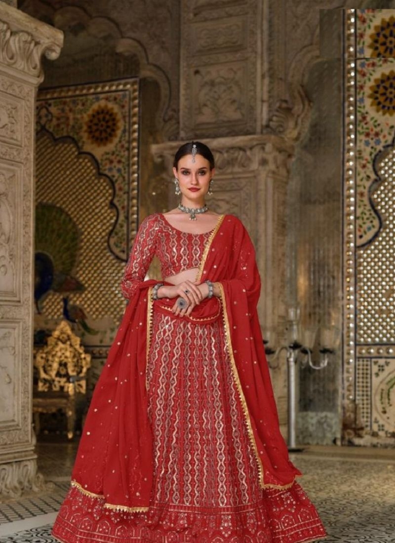 Heavy georgette wedding lehenga with beautiful dupatta in red