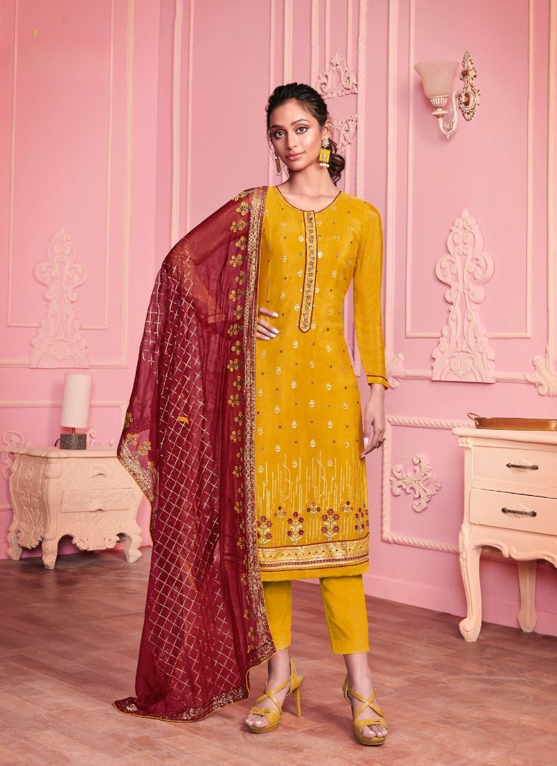 Stunning georgette pantsuit with embroidered dupatta in yellow