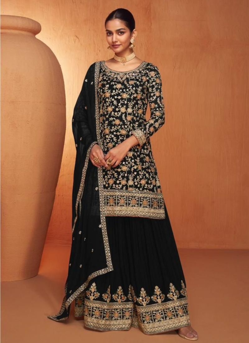 Real chinon sharara suit with heavy embroidery in black