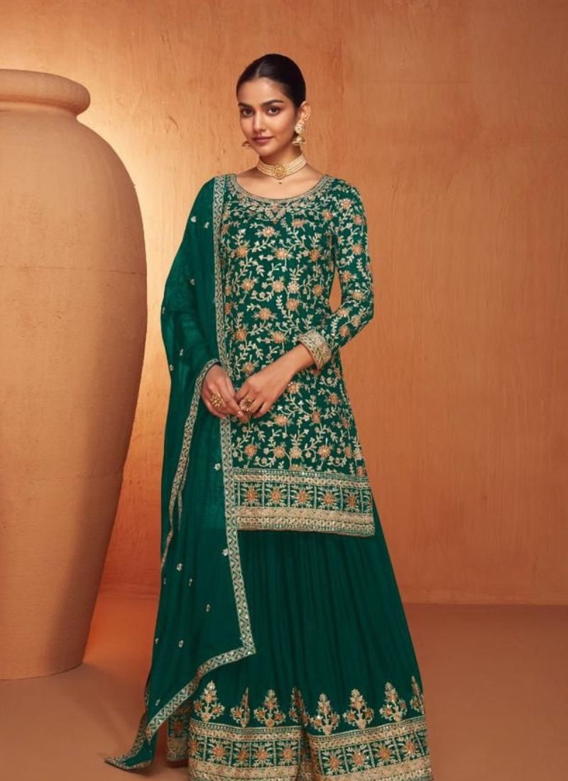 Real chinon sharara suit with heavy embroidery in dark green