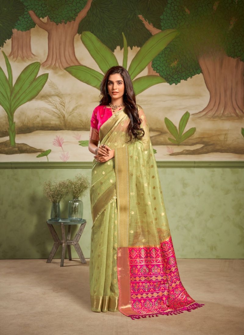 Exquisite silk saree with contrast pallu in light green