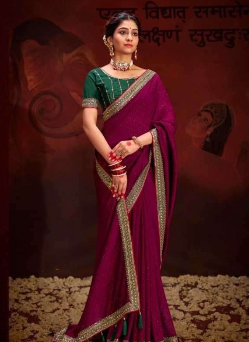 Trendy silk saree with beautifully embroidered blouse in magenta