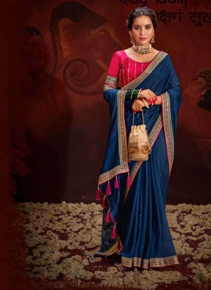 Trendy silk saree with beautifully embroidered blouse in dark blue