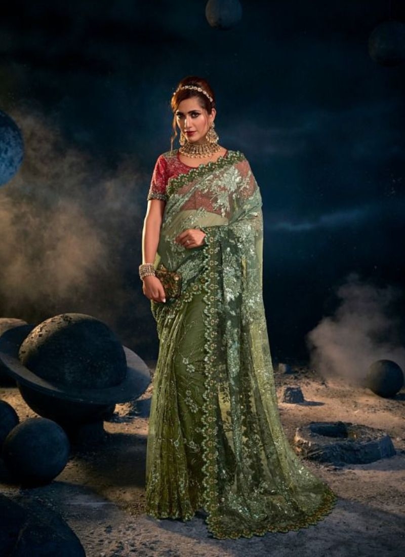 Exquisite silk saree with embroidered  silk blouse in mehandi green