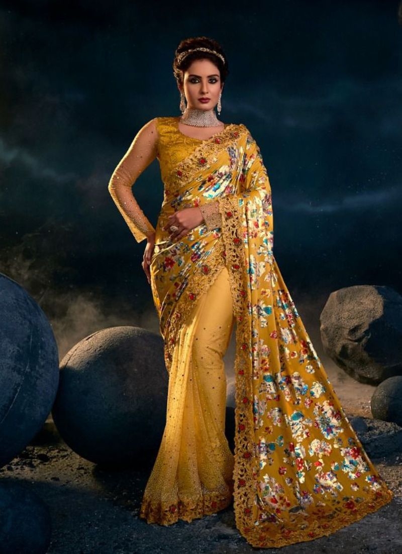 Exquisite silk saree with embroidered  silk blouse in mustard