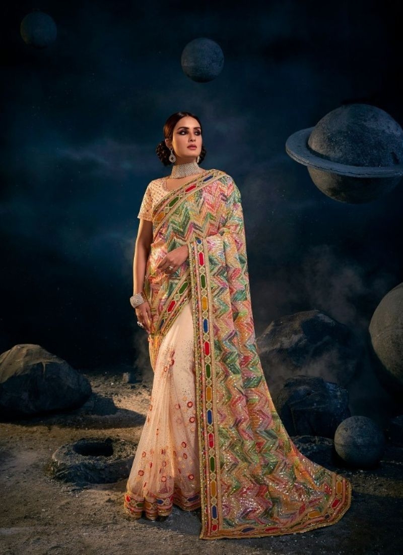 Exquisite silk saree with embroidered  silk blouse in peach