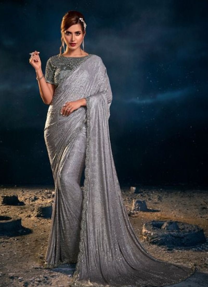 Exquisite silk saree with embroidered  silk blouse in grey