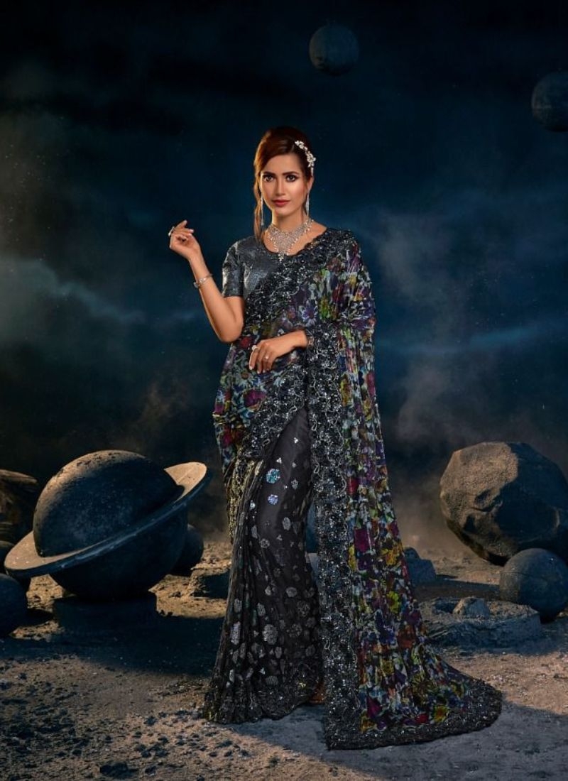 Exquisite silk saree with embroidered  silk blouse in black