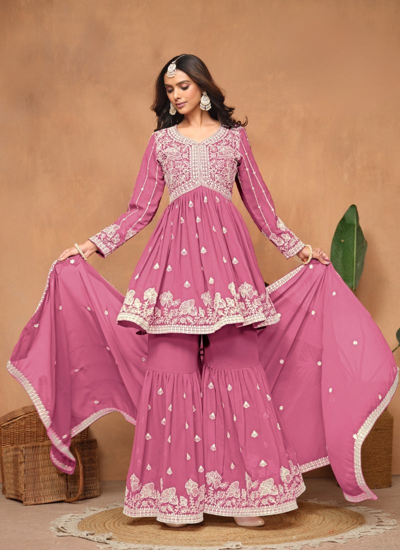 Stunning faux georgette sharara suit with embroidered dupatta in pink