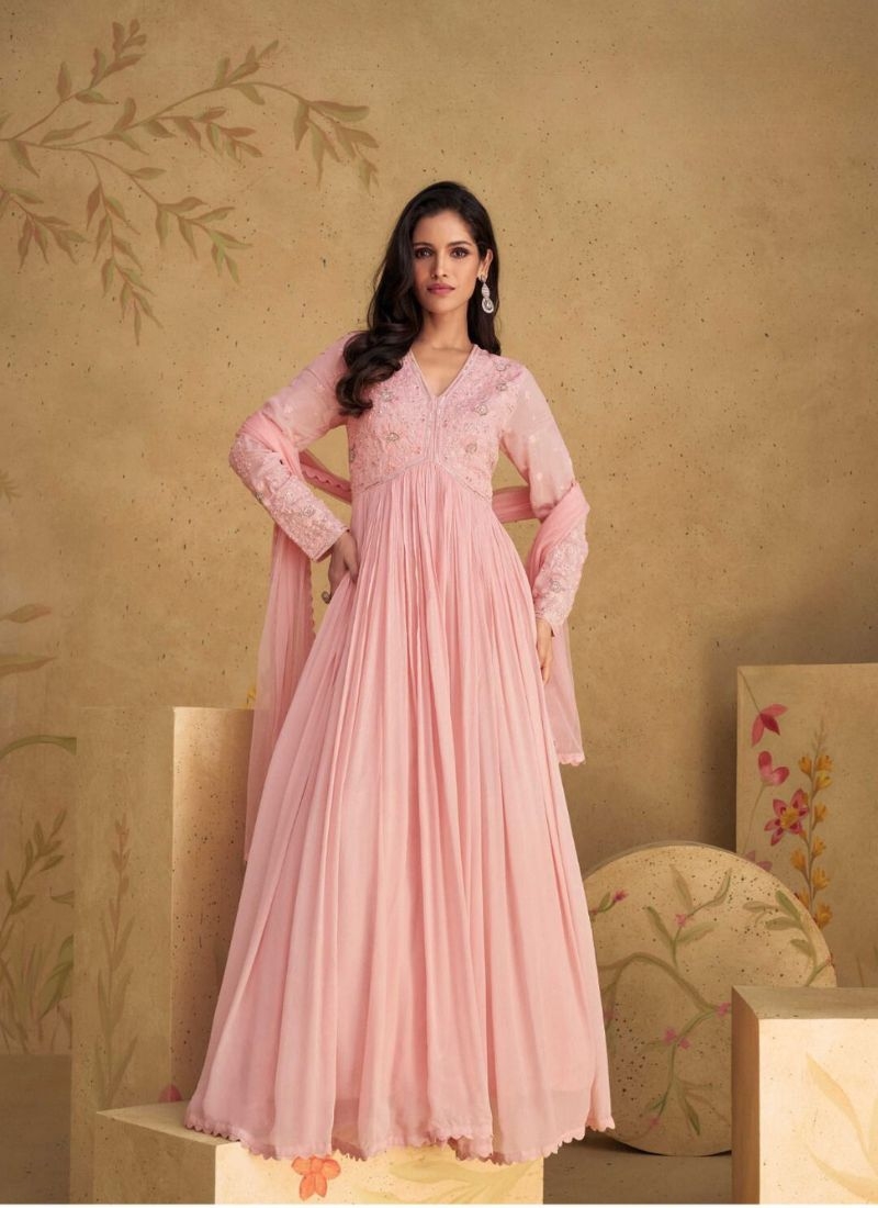 Exquisite designer anarkali suit with printed dupatta in baby pink