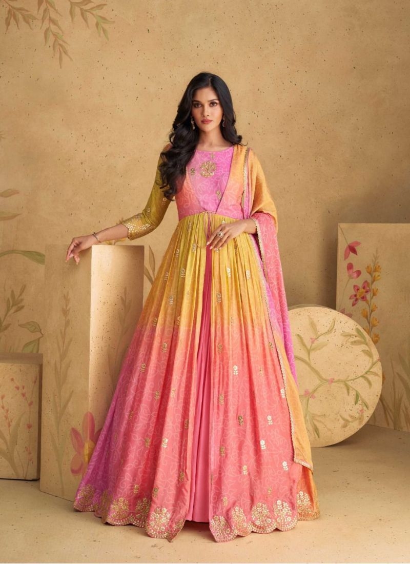 Exquisite designer anarkali suit with printed dupatta in pink