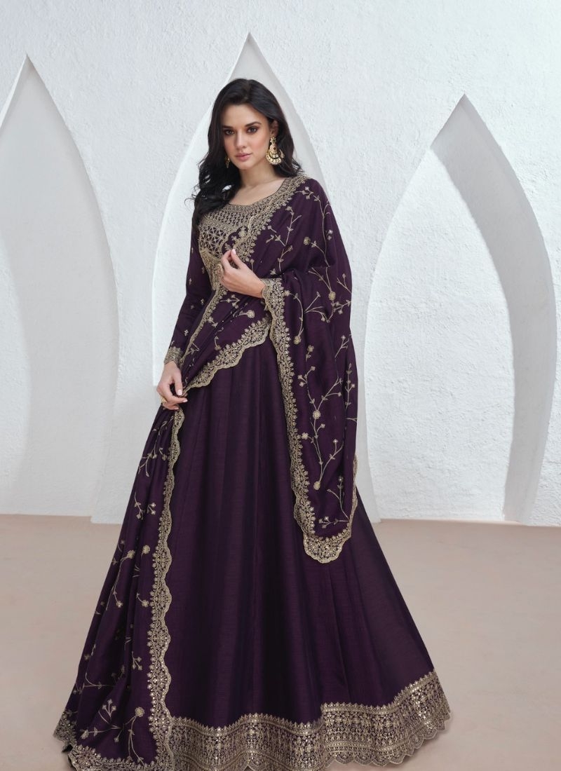 Beautiful silk anarkali suit with mirror work embroidery in dark purple