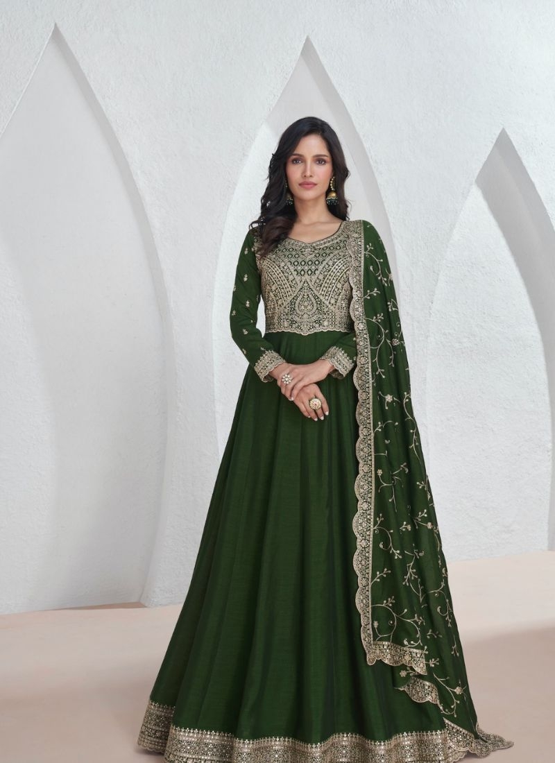 Beautiful silk anarkali suit with mirror work embroidery in mehandi  green