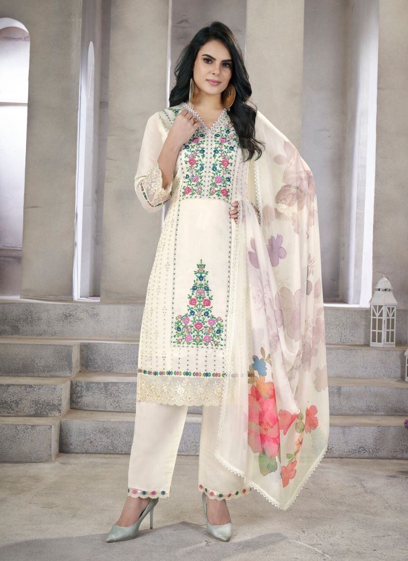 Designer silk pant suit with embroidered dupatta in white