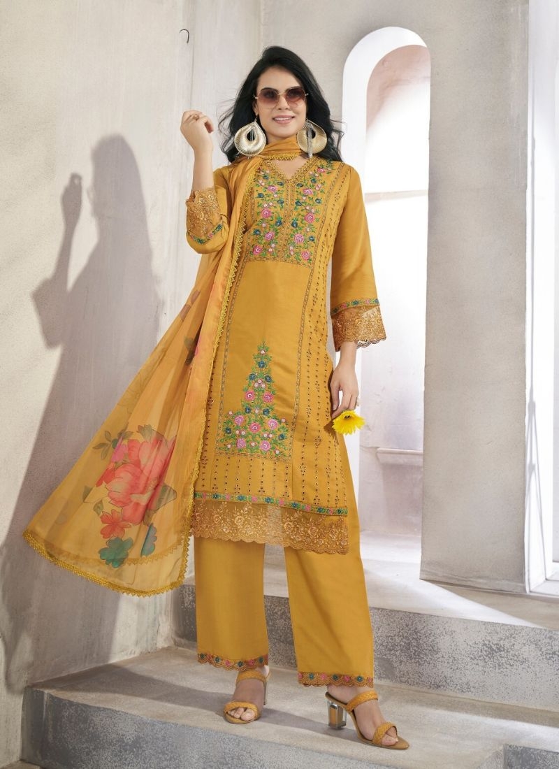 Designer silk pant suit with embroidered dupatta in yellow