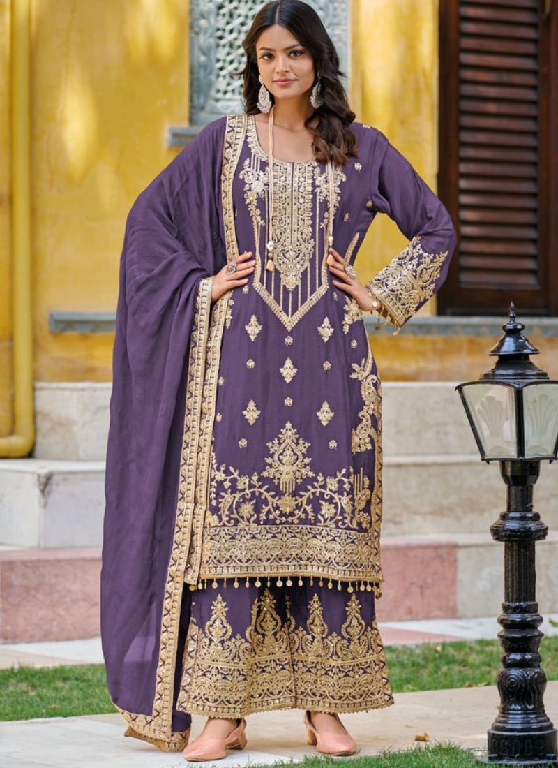 Designer chinon palazzo suit with embroidered dupatta in purple