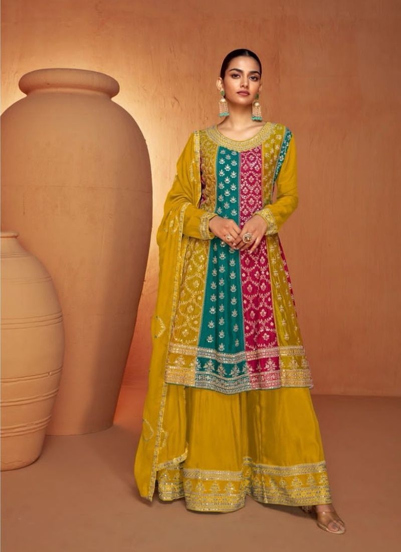 Exquisite Chinon Sharara suit with embroidered dupatta in yellow