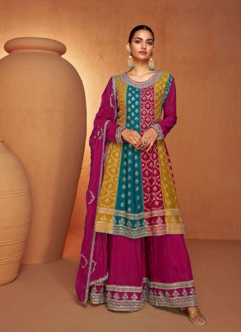 Exquisite Chinon Sharara suit with embroidered dupatta in magenta