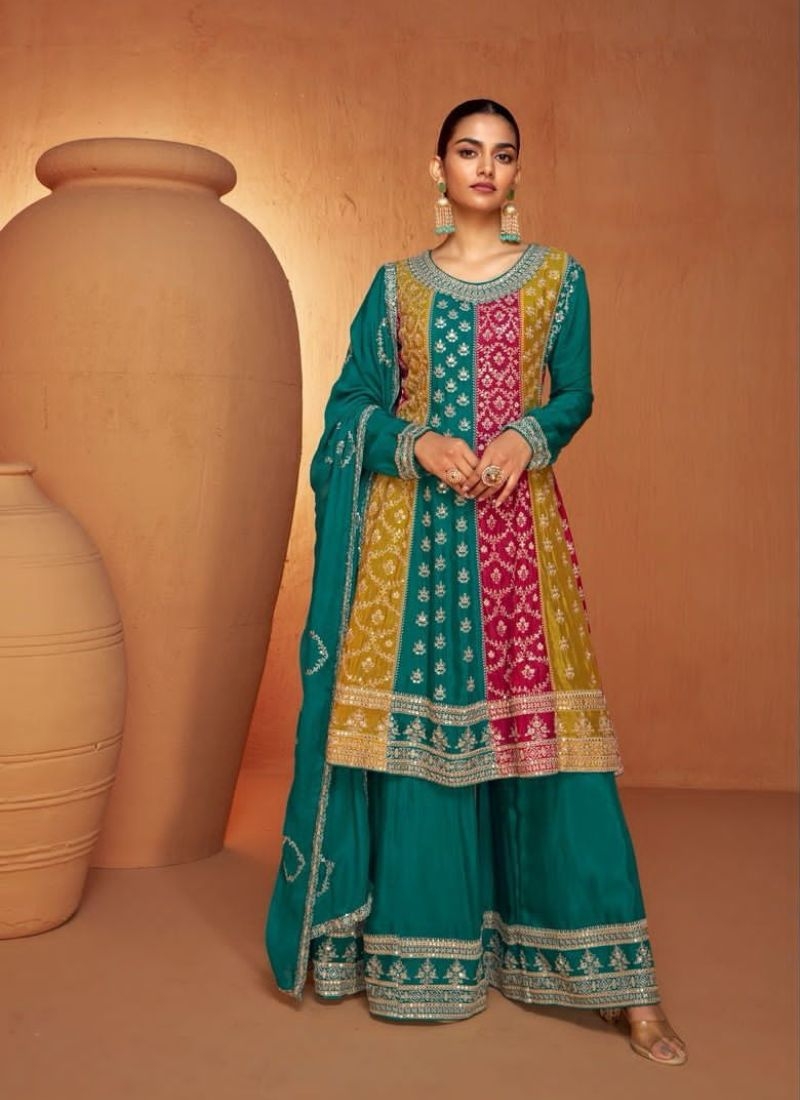 Exquisite Chinon Sharara suit with embroidered dupatta in blue