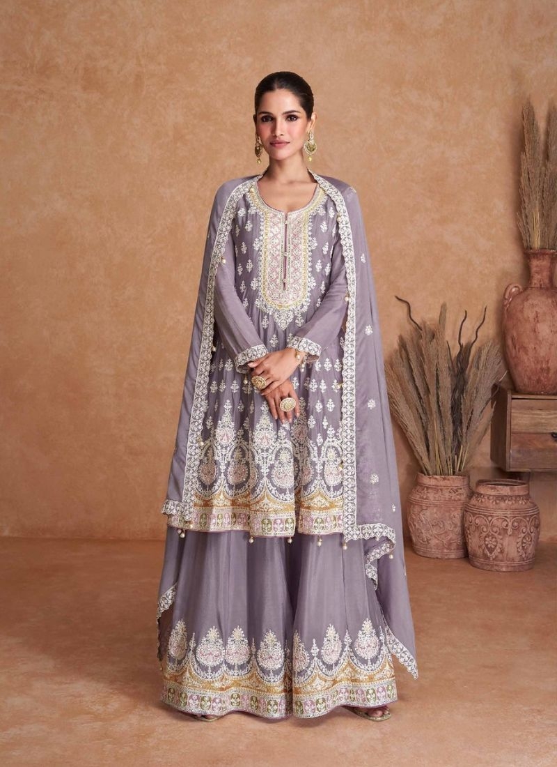 Beautiful chinon sharara suit with heavy embroidery in light purple