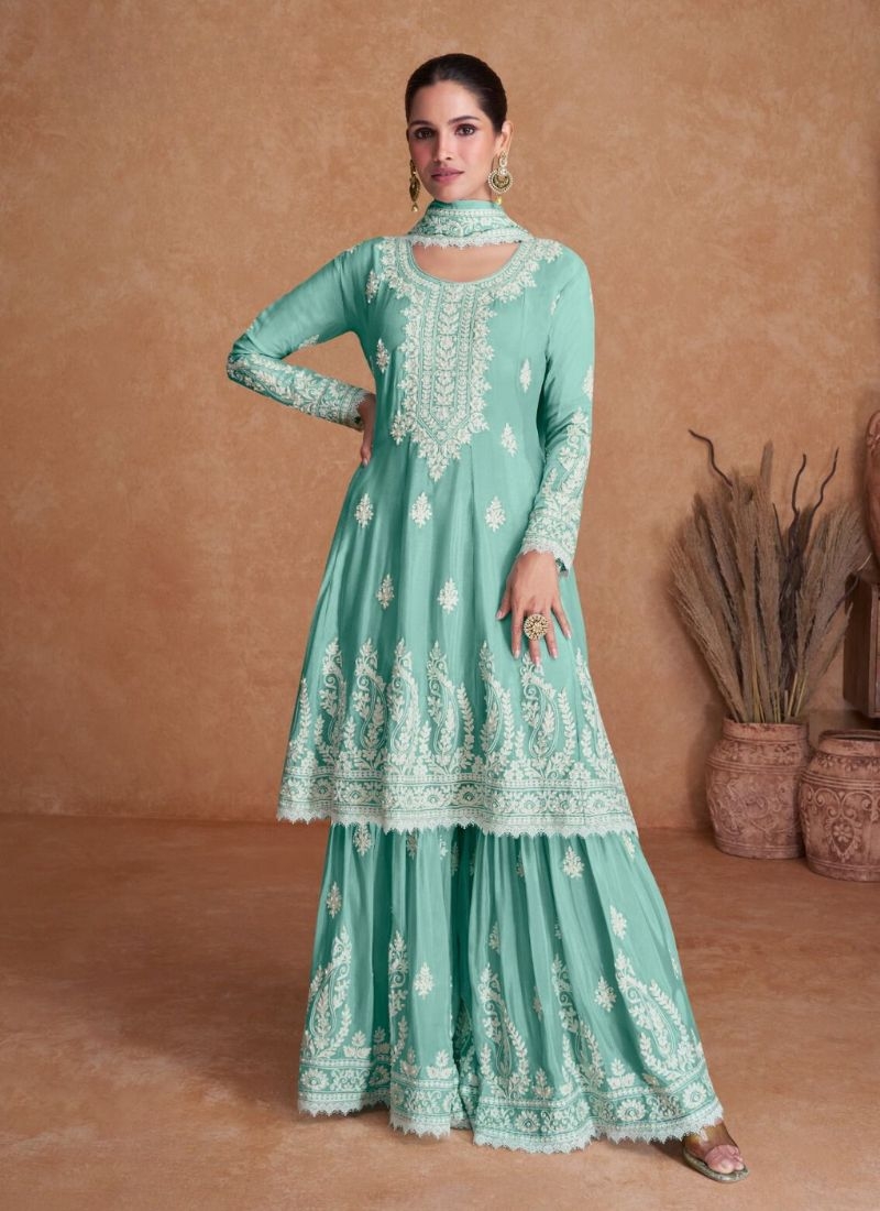 Beautiful chinon sharara suit with heavy embroidery in sky blue